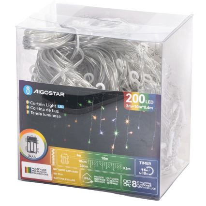 Aigostar - LED kültéri karácsonyi fényfüzér 200xLED/8 üzemmód 3xAA 13x0,6 m IP44 többszínű