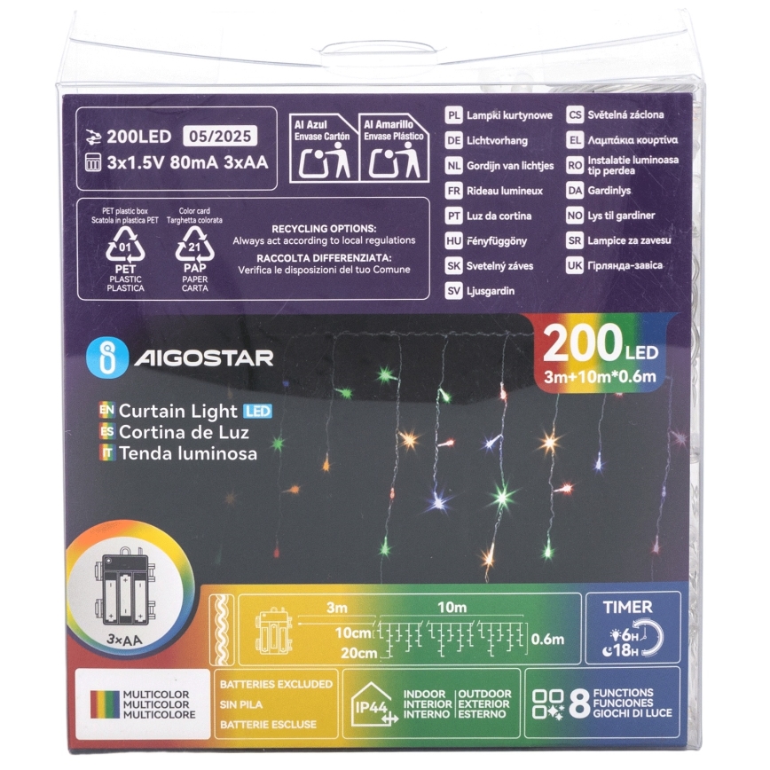 Aigostar - LED kültéri karácsonyi fényfüzér 200xLED/8 üzemmód 3xAA 13x0,6 m IP44 többszínű