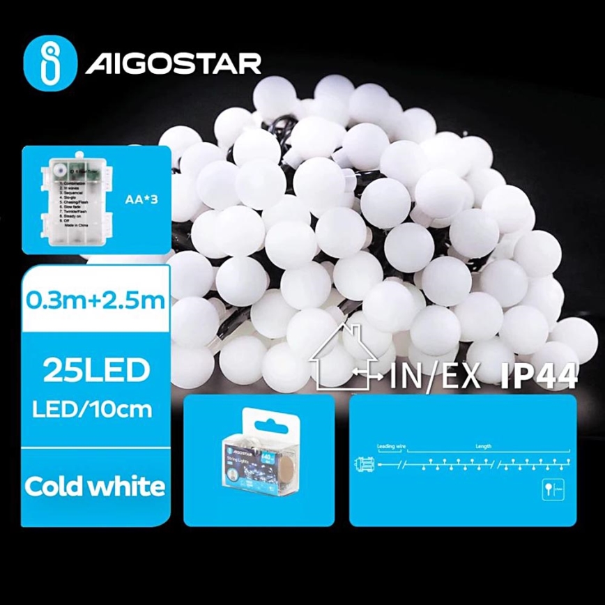 Aigostar - LED kültéri karácsonyi fényfüzér 25xLED/3xAA/8 funkció 2,8 m IP44 hideg fehér