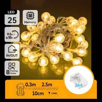 Aigostar - LED kültéri karácsonyi fényfüzér 25xLED/3xAA/8 funkciós 2,8 m IP44 meleg fehér