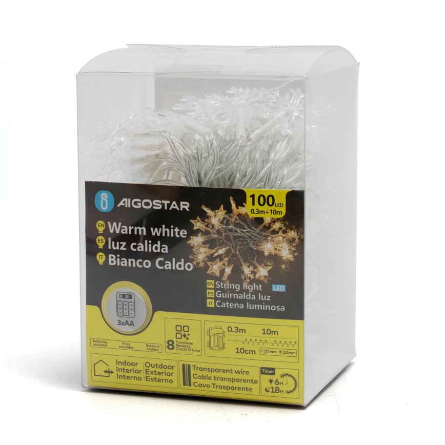 Aigostar - LED kültéri karácsonyi fényfüzér 25xLED/8 funkció 3xAA 2,5m IP44 meleg fehér csillagok