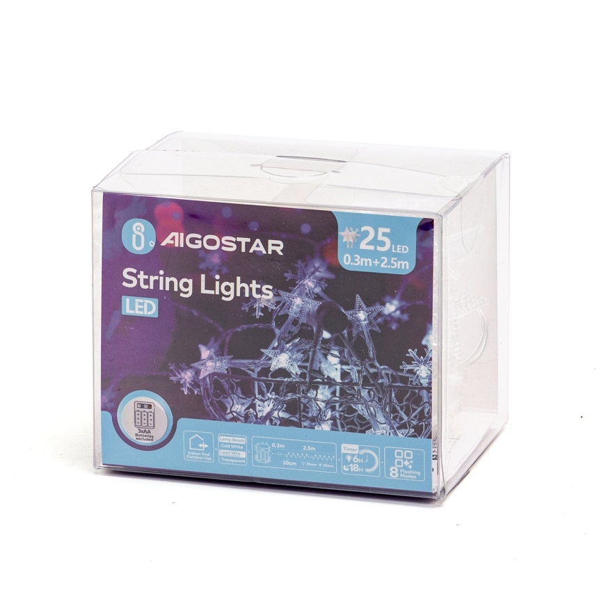 Aigostar - LED kültéri karácsonyi fényfüzér 25xLED/8 funkció 3xAA 2,5 m IP44 hideg fehér