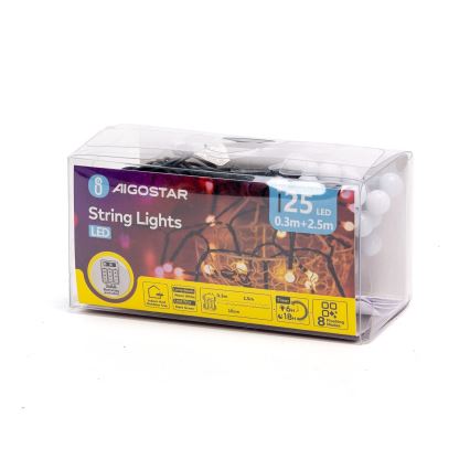 Aigostar - LED kültéri karácsonyi fényfüzér 25xLED/8 funkciós 3xAA 2,8m IP44 meleg fehér