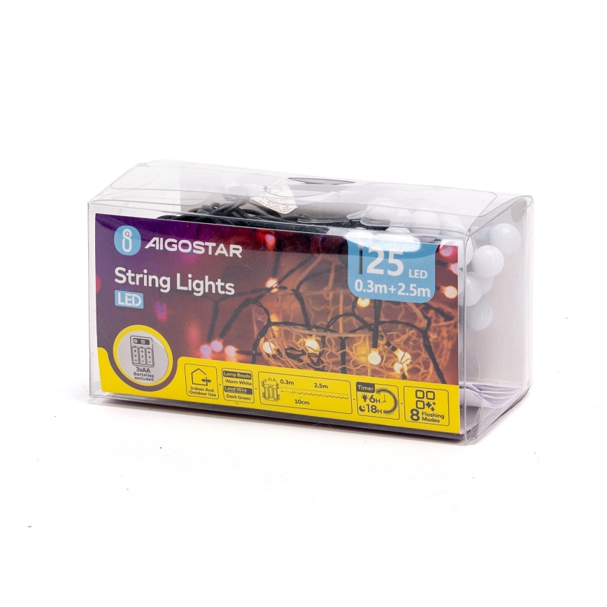 Aigostar - LED kültéri karácsonyi fényfüzér 25xLED/8 funkciós 3xAA 2,8m IP44 meleg fehér