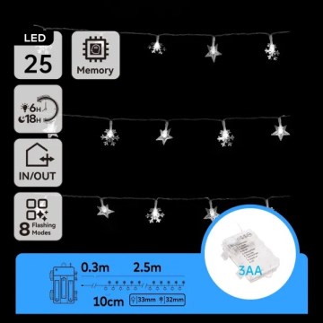 Aigostar - LED kültéri karácsonyi fényfüzér 25xLED/8 üzemmód 3xAA 2,5 m IP44 hideg fehér