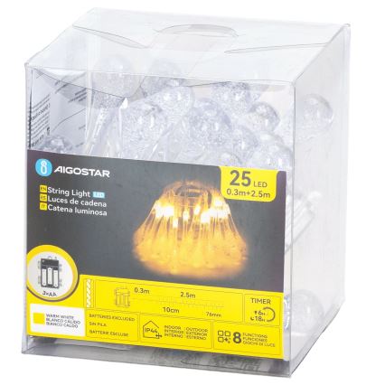 Aigostar - LED kültéri fényfüzér, 25× LED / 8 funkció, 3× AA, 2,5 m, IP44, meleg fehér, csepp alakú