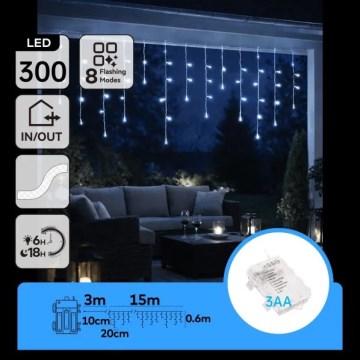 Aigostar - LED kültéri karácsonyi fényfüzér 300 LED/8 funkció 3xAA 18x0,6 m IP44 hideg fehér