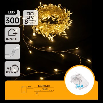 Aigostar - LED kültéri karácsonyi fényfüzér, 300 LED, 8 világítási mód, 3x AA, 9,3 m, IP44, meleg fehér