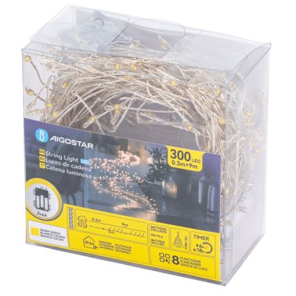 Aigostar - LED kültéri karácsonyi fényfüzér, 300 LED, 8 világítási mód, 3x AA, 9,3 m, IP44, meleg fehér