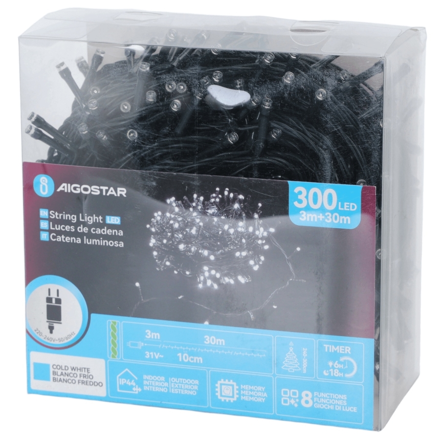 Aigostar - LED kültéri karácsonyi fényfüzér 300 LED/8 funkció 30 m IP44 hideg fehér
