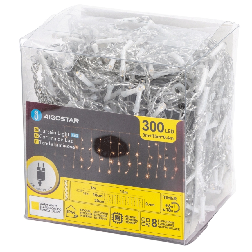 Aigostar - LED kültéri karácsonyi fényfüzér 300xLED/8 fénymód 15x0,4 m IP44 meleg fehér