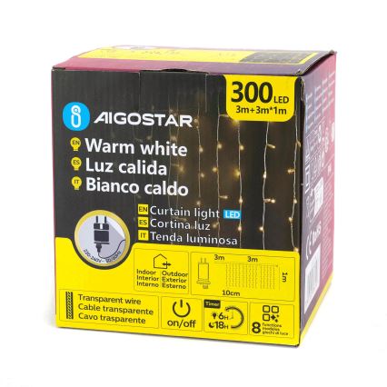 Aigostar - LED kültéri fényfüzér 300xLED/8 üzemmód 3x1m IP44 meleg fehér + távirányító
