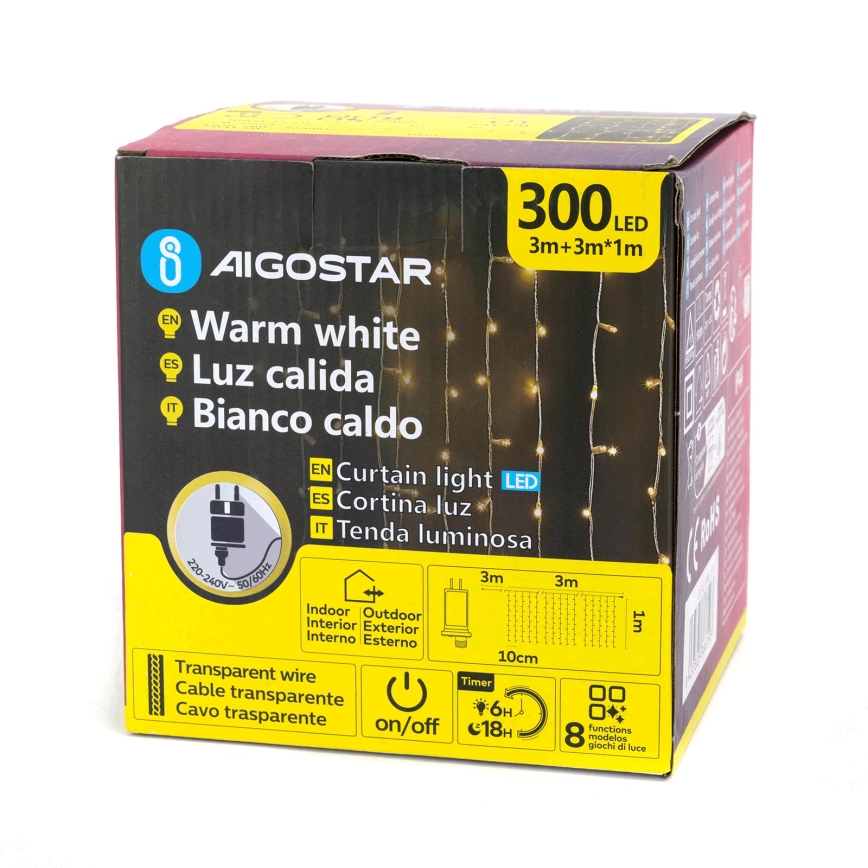 Aigostar - LED kültéri fényfüzér 300xLED/8 üzemmód 3x1m IP44 meleg fehér + távirányító