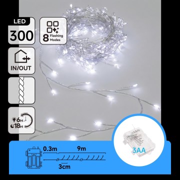 Aigostar - LED kültéri karácsonyi fényfüzér 300xLED/8 funkció 3xAA 9,3m IP44 hideg fehér