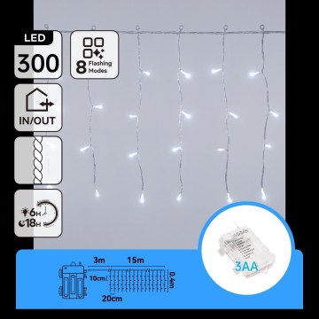 Aigostar - LED kültéri karácsonyi fényfüzér 300xLED/8 funkciós 3xAA 18x0,4m IP44 hideg fehér