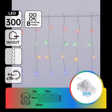 Aigostar - LED Kültéri karácsonyi fényfüzér 300xLED/8 világítási mód 3xAA 18x0,4m IP44 többszínű