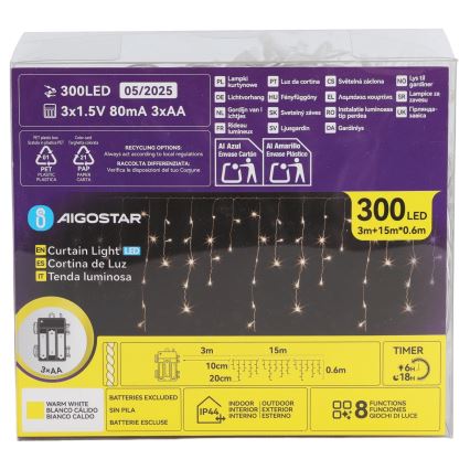 Aigostar - LED kültéri karácsonyi fényfüzér 300xLED/8 funkcióval 3xAA 18x0,6 m IP44 meleg fehér