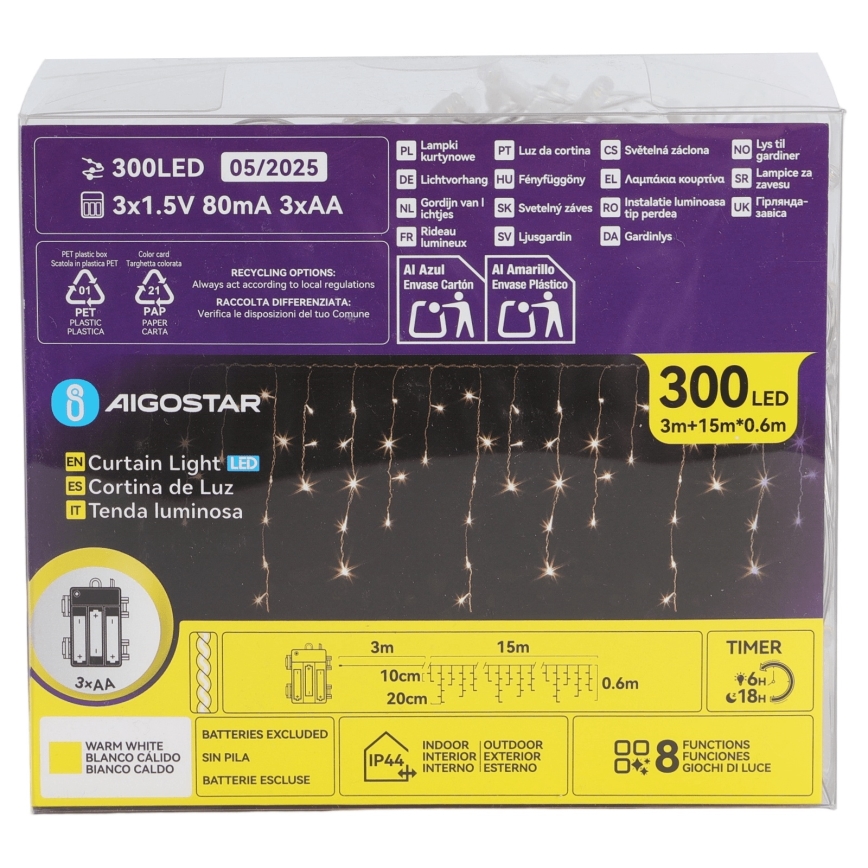 Aigostar - LED kültéri karácsonyi fényfüzér 300xLED/8 funkcióval 3xAA 18x0,6 m IP44 meleg fehér