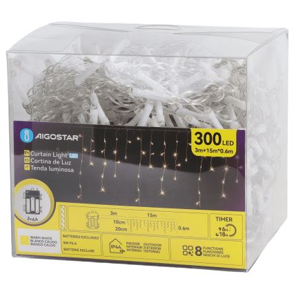 Aigostar - LED kültéri karácsonyi fényfüzér 300xLED/8 funkcióval 3xAA 18x0,6 m IP44 meleg fehér