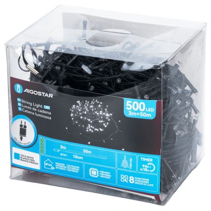 Aigostar - LED kültéri karácsonyi fényfüzér, 500 LED, 8 funkciós, 53 m, IP44, hideg fehér
