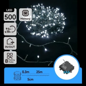 Aigostar - LED kültéri karácsonyi fényfüzér 500 LED/8 üzemmód 4xAA 25,3 m IP44 hideg fehér