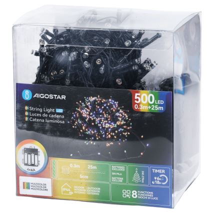 Aigostar - LED kültéri karácsonyi fényfüzér 500 LED/8 funkciós 4xAA 25,3 m IP44 többszínű