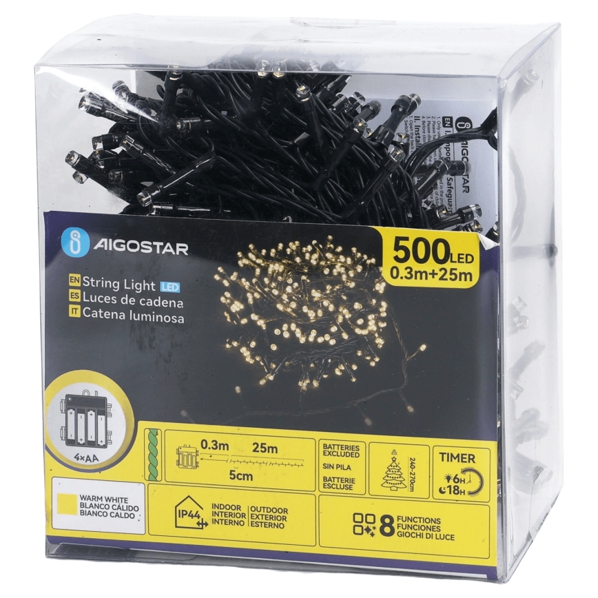 Aigostar - LED kültéri karácsonyi fényfüzér, 500 LED, 8 funkcióval, 4×AA, 25,3 m, IP44, meleg fehér