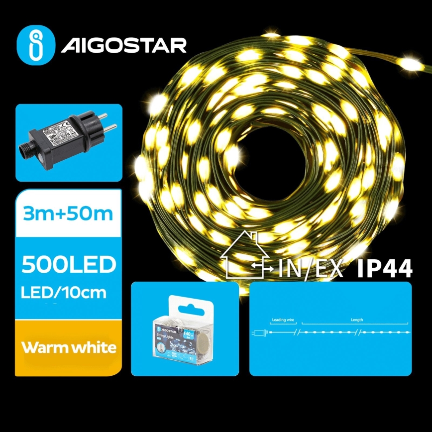 Aigostar - LED Kültéri karácsonyi fényfüzér 500xLED/8 üzemmód 53m IP44 meleg fehér