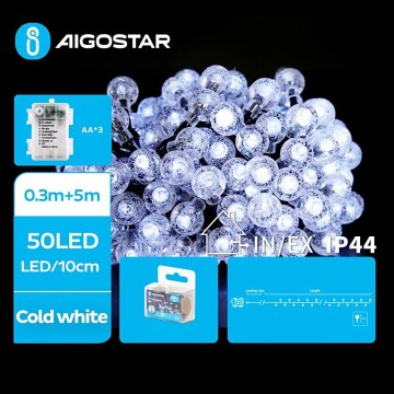 Aigostar - LED kültéri karácsonyi fényfüzér 50xLED/3xAA/8 funkciós 5,3 m IP44 hideg fehér