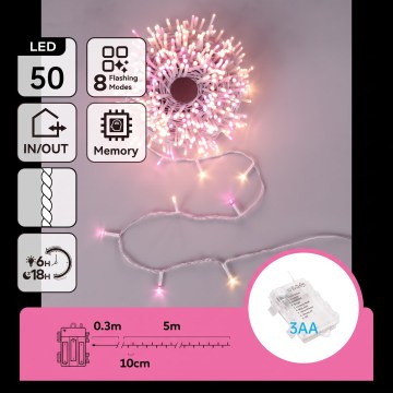 Aigostar - LED kültéri karácsonyi fényfüzér 50xLED/8 funkció 3xAA 5,3m IP44 rózsaszín/meleg fehér