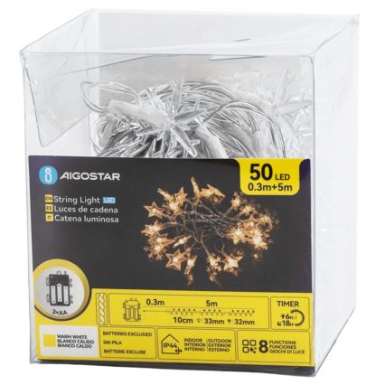 Aigostar - LED kültéri fényfüzér 50xLED/8 funkció 3xAA 5m IP44 meleg fehér csillagok