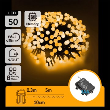 Aigostar - LED kültéri karácsonyi fényfüzér 50xLED/8 funkciós 3xAA 5,3m IP44 meleg fehér