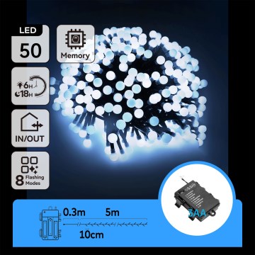 Aigostar -LED kültéri karácsonyi fényfüzér 50xLED/8 üzemmód 3xAA 5,3m IP44 hideg fehér