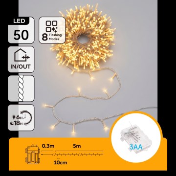 Aigostar - LED kültéri karácsonyi fényfüzér 50xLED/8 üzemmód 3xAA 5,3m IP44 meleg fehér