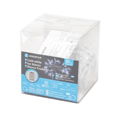 Aigostar - LED kültéri karácsonyi fényfüzér 50xLED/8 üzemmód 3xAA 5 m IP44 hideg fehér