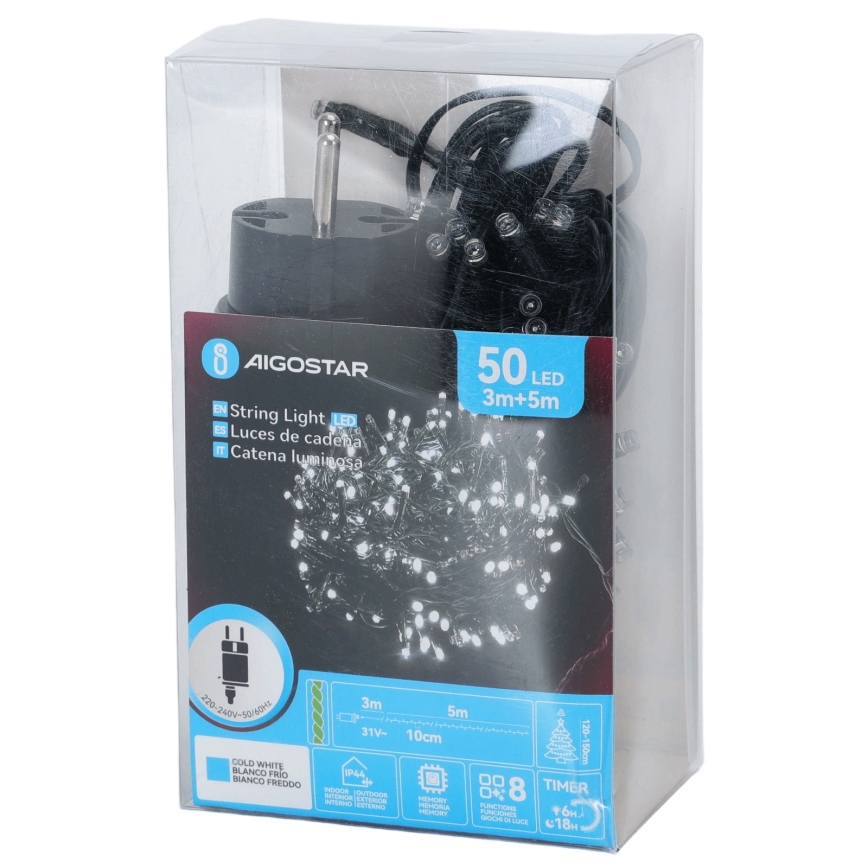 Aigostar - LED kültéri karácsonyi fényfüzér 50×LED/8 funkció 8m IP44 hideg fehér