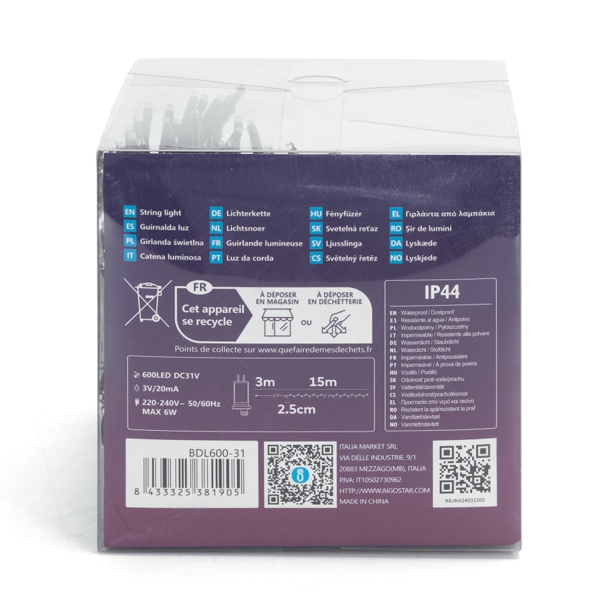 Aigostar - LED Kültéri karácsonyi fényfüzér 600xLED/8 világítási mód 18m IP44 hideg fehér