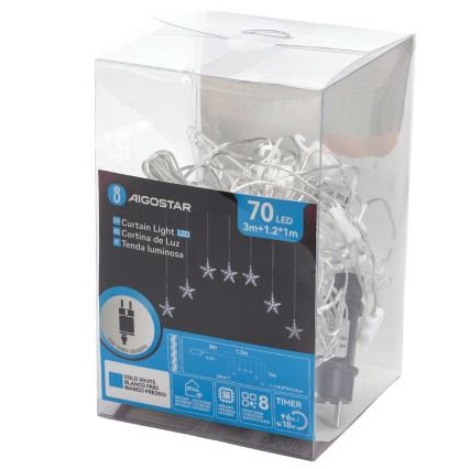 Aigostar - kültéri LED karácsonyi fényfüzér 70xLED 1,2x1m IP44 hideg fehér csillagokkal