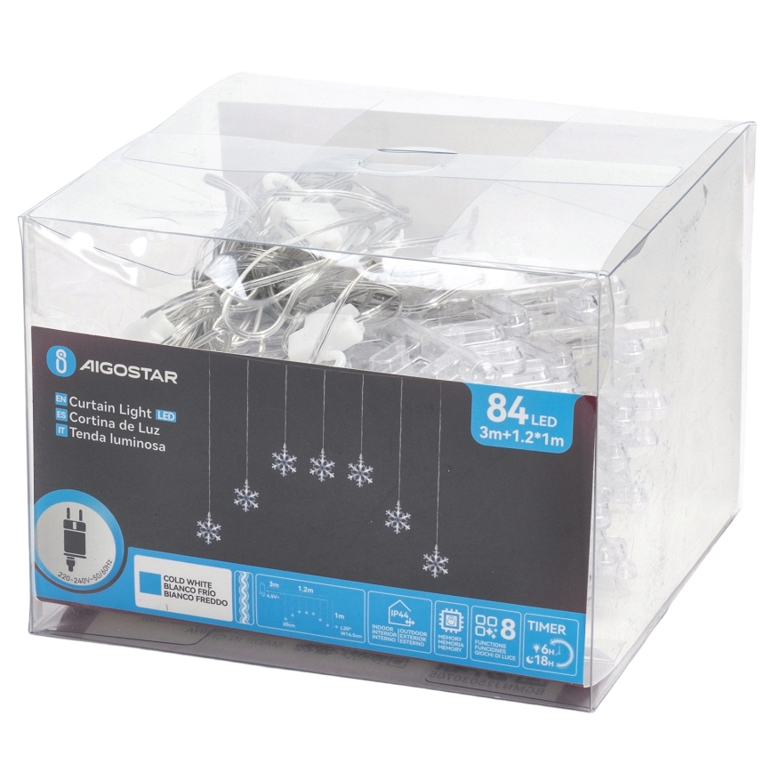 Aigostar - LED kültéri karácsonyi fényfüzér 84 LED / 8 funkcióval 1,2x1m IP44 hideg fehér hópelyhek
