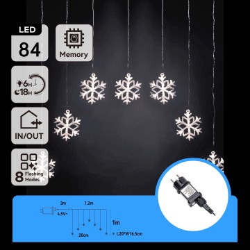 Aigostar - LED kültéri karácsonyi fényfüzér 84xLED/8 funkciós 1,2x1m IP44 hideg fehér hópelyhek