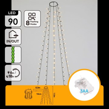 Aigostar - LED kültéri karácsonyi fényfüzér 90xLED/8 funkció 3xAA 1,5m IP44 meleg fehér