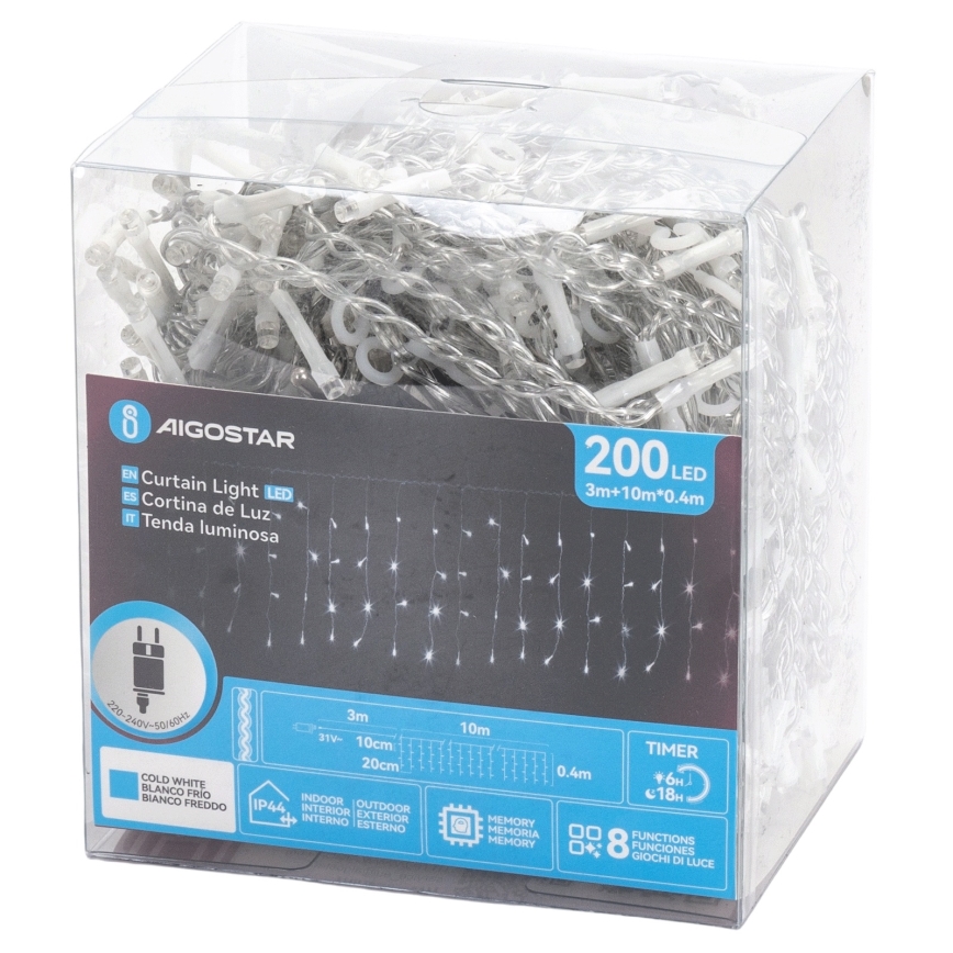 Aigostar - LED Kültéri karácsonyi fényfüzér 200xLED/3,6W/230V/8 funkciós 10x0,4m IP44 hideg fehér