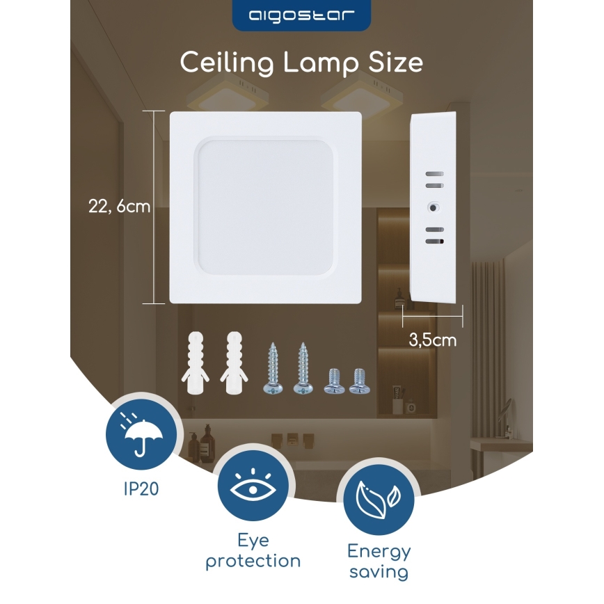 Aigostar - LED mennyezeti felületre szerelhető lámpatest LED/18W/230V 3000K 22,6x22,6 cm fehér