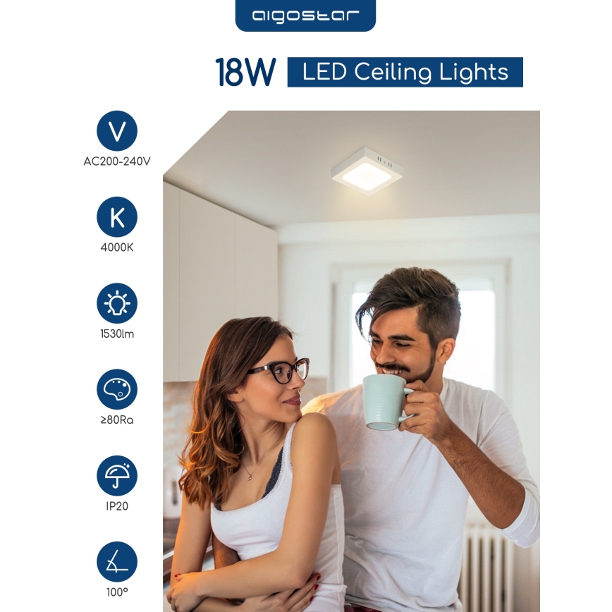 Aigostar - LED mennyezeti felületre szerelhető lámpatest LED/18W/230V 4000K 22,6x22,6 cm fehér