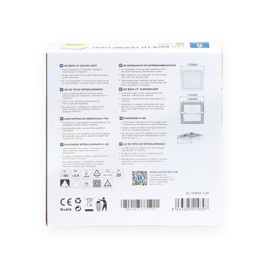 Aigostar - LED Mennyezeti lámpa LED/12W/230V 17,3x17,3 cm 3000K fehér