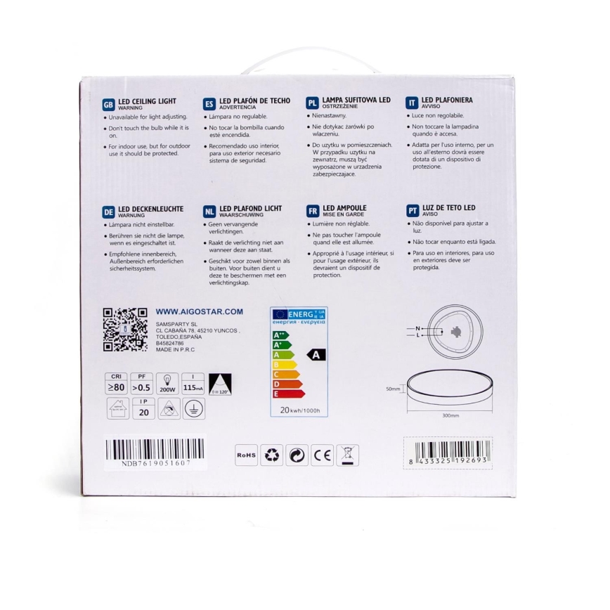 Aigostar - LED Mennyezeti lámpa LED/20W/230V 3000K á. 30 cm szürke