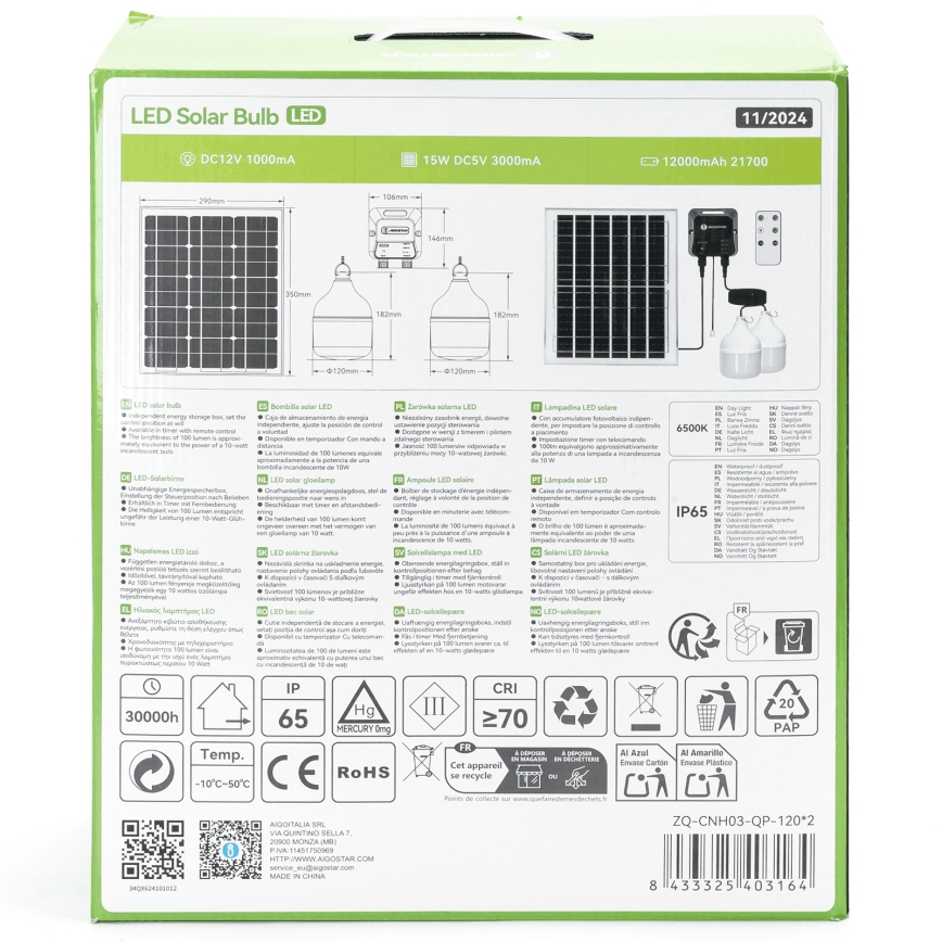 Aigostar - LED napelemes csillár 2xLED/70W/12V 12000 mAh 6500K IP65 Ø 12 cm + távirányító