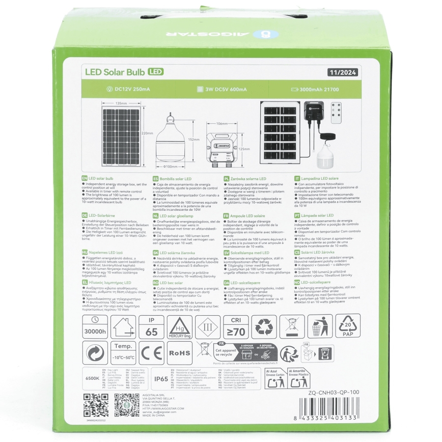 Aigostar - LED napelemes csillár LED/35W/12V 3000 mAh 6500K IP65 átm. 10 cm + távirányító