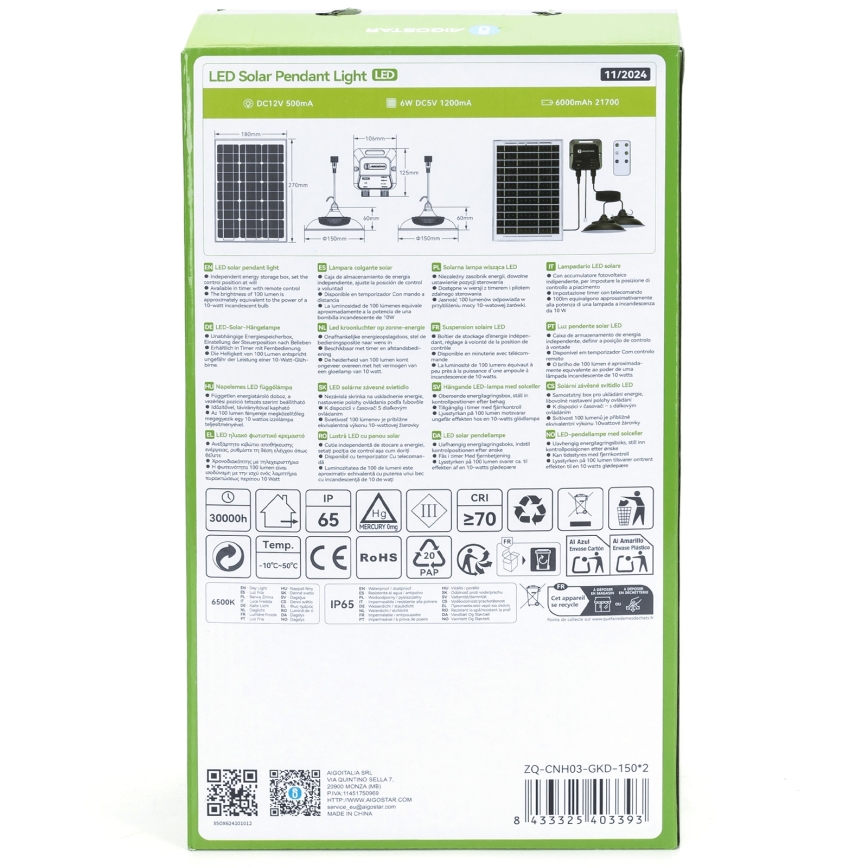 Aigostar - LED Napelemes csillár érzékelővel 2xLED/35W/12V 6000 mAh 6500K átm. 15 cm + távirányítás