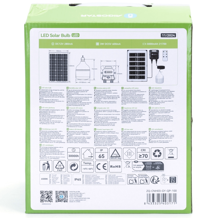 Aigostar - LED Napelemes csillár érzékelővel LED/35W/12V 3000 mAh 6500K átm. 10 cm + távirányítás